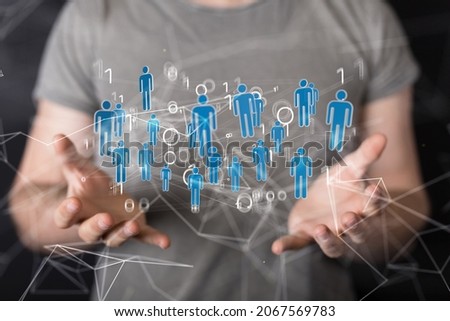 A 3D rendering of digital human icons with hand pointing at it from the background- digital business communication concept