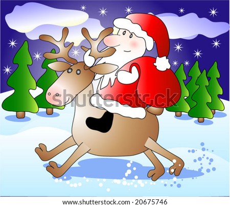 Santa riding deer at night