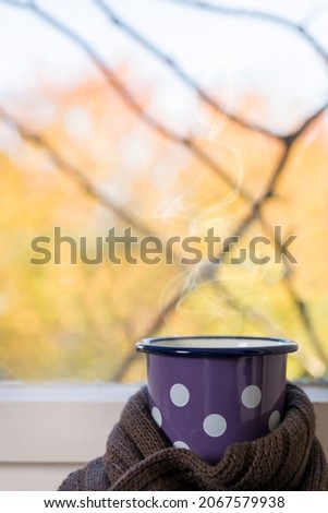 A cup of tea is smoking on the window with a blurred autumn view. Close up, selective focus and copy space for design or text