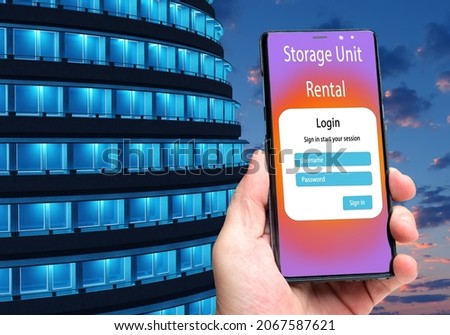 Rental Storage Units. Warehouse rental via Internet. Search for free storage container. Online rental Self storage. Warehouse business application on phone. Multi-storey warehouse building near sky