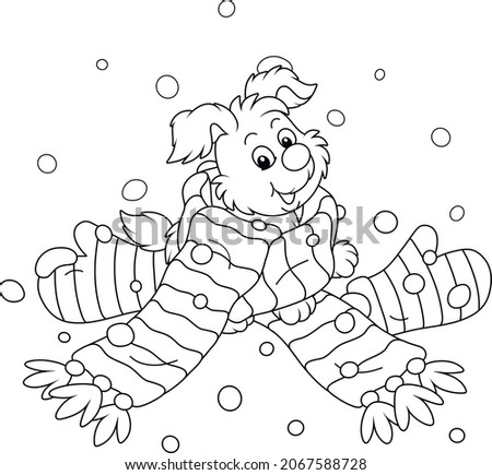 Merry little pup playing in a long striped scarf and mittens, black and white outline vector cartoon illustration for a coloring book page