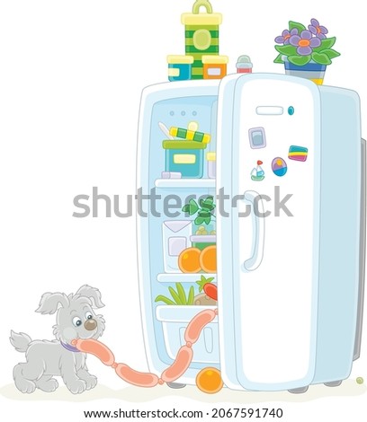 Little puppy glutton filching tasty sausages from a fridge with foods, vector cartoon illustration isolated on a white background