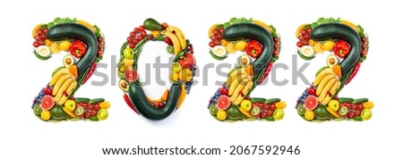 New Year 2022 made of vegetables and fruits on white background. Number 2022 made of healthy food. 2022 resolutions, trends, clean eating, healthy food concept Royalty-Free Stock Photo #2067592946