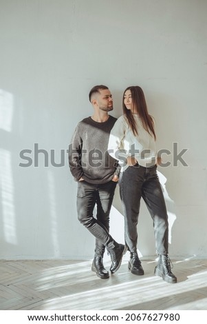 Beauty couple posing in home, outdoor portrait, hipster style, happy face, smile