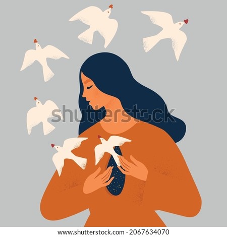 The girl frees the birds from her chest. The psychological concept of mental health, manipulation or dependence. Vector illustration 
flat style