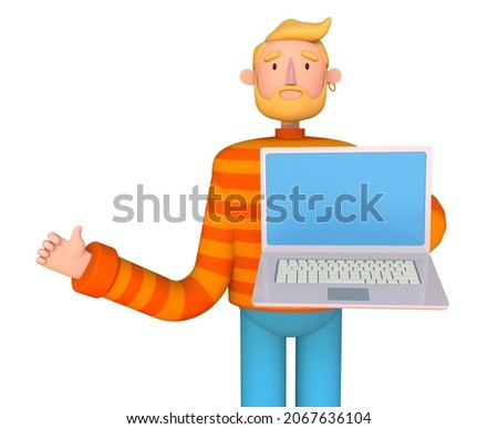 3D happy man with laptop clip art isolated, mock up. Innovation, Digital marketing and Startup Business Concept. 