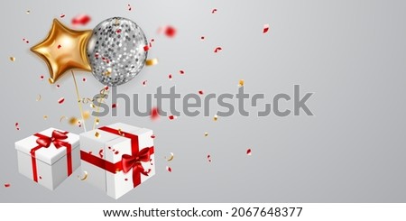 Vector illustration with two gift boxes with red ribbons and bows, golden and silver balloons and small blurry pieces of serpentines on white background