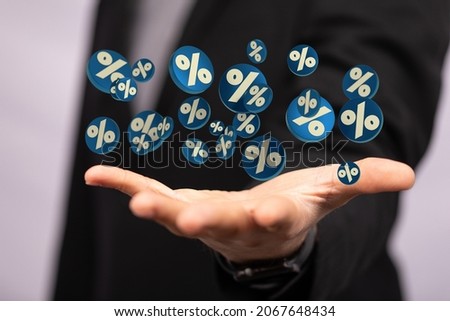 A 3D render of a Percent sign with hand pointing at it from the background - concept of sale discount