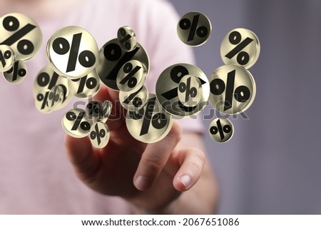 A 3D render of Percent signs with hand pointing at it from the background - concept of sale discount