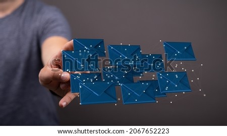 A 3D rendering of beige email icons with hand pointing at it from the background- digital business communication concept