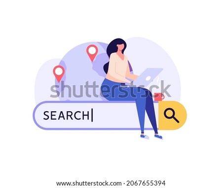 People searching information in internet. Woman browsing online with search bar. Web search in internet, online surfing, SEO. Trendy vector illustration in flat design for web banners Royalty-Free Stock Photo #2067655394