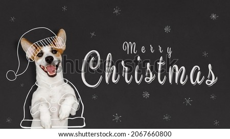 Merry Christmas. Cute dog with santa costume drawing on chalkboard. Christmas holiday concept.