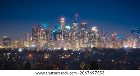 Los Angeles city skyline illuminated at night, California