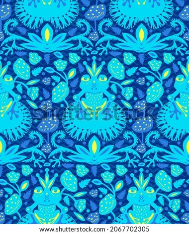 Blue green frogs with crowns on a pond with lilies and leaves. Seamless pattern. Paper cut flat style. Fabric decoration Print for clothes Textile design Hand-drawn cute character. Vector illustration