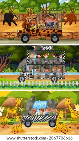 Set of different safari horizontal scenes with animals and kids cartoon character illustration