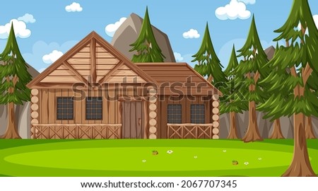 In front of wooden house in nature scene illustration