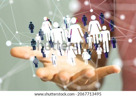 A 3D rendering of a group of floating people icons on a businessman's hand