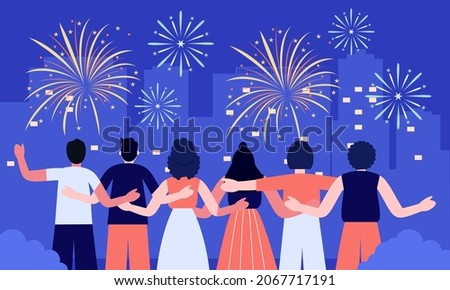 Happy people celebrating on city street and watching fireworks flat illustration