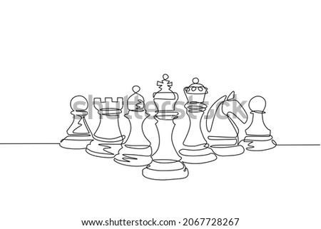 Single one line drawing chess pieces aligned, luxury hand drawn or engraving. King, Queen, Bishop, Knight, Rook, Pawn. Leader success concept. Continuous line draw design graphic vector illustration