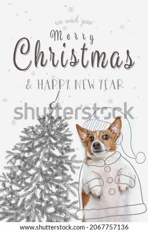Merry Christmas and happy New Year 2022. Cute dog with santa costume and tree drawing on chalkboard. Christmas holiday concept.