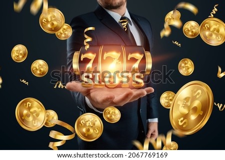 Slots creative background, Lucky seven 777 on Slot machine over hand, dark golden style. Casino concept, luck, gambling, jackpot, banner, template Royalty-Free Stock Photo #2067769169