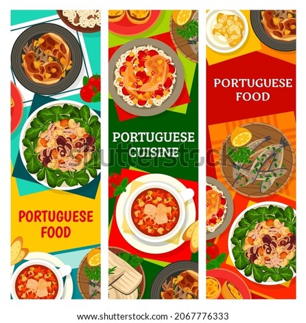 Portuguese cuisine meals, restaurant dishes banners. Octopus salad, custard tarts and grilled sardines, chicken with Piri Piri sauce, fried rabbit and cream from heaven dessert, salted cod vector