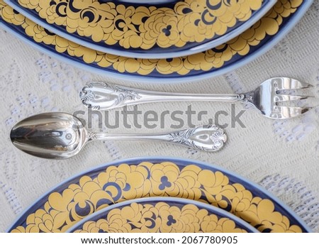 Vintage antique European tableware and cutlery Royalty-Free Stock Photo #2067780905