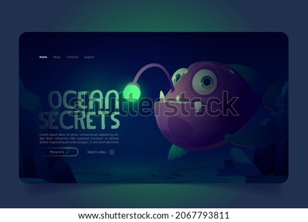 Ocean secrets banner with angler fish under water on bottom. Vector landing page of underwater sea life with cartoon illustration of scary anglerfish with lure and teeth on seafloor Royalty-Free Stock Photo #2067793811
