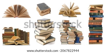 many books pile isolated on white background, library concept, books shop,  set, collection, closeup