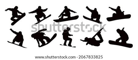 Vector set silhouettes of detail  of snowboarding. Silhouettes of snowboarder isolated. Royalty-Free Stock Photo #2067833825