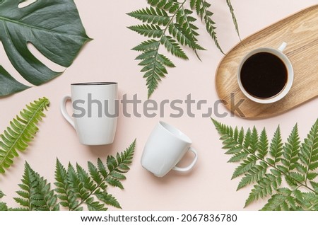 Tropical mockup white cup. Styled summer concept.