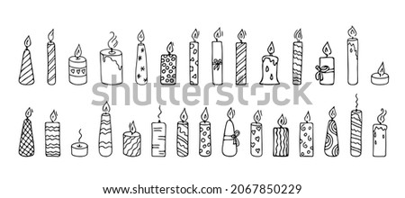 Doodle candles set.Decoration for birthday party or romantic dinner for Valentine's Day.Festive hand-drawn collection candlelight with wick and wax.Elements for creating a special atmosphere.Isolated Royalty-Free Stock Photo #2067850229