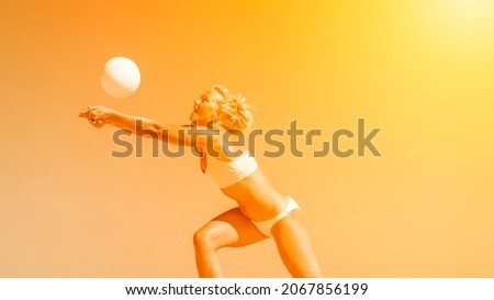 Young girl playing volleyball on the beach. Yellow color filter. Professional sport concept. Horizontal sport poster, greeting cards, headers, website and app