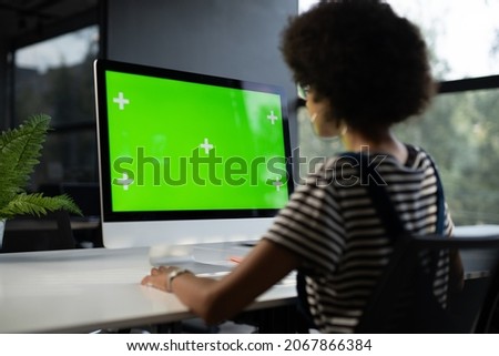 Woman Working Internet on Pc Computer On Desk. Girl Hands Typing on Green Screen. Close Up Female Freelancer Searches For Information on The Internet