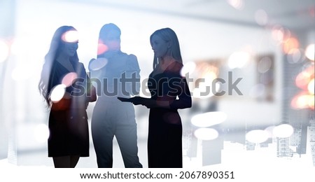 Office women working together, silhouettes of diverse business people in company, blurred background of conference room. Concept of international communication