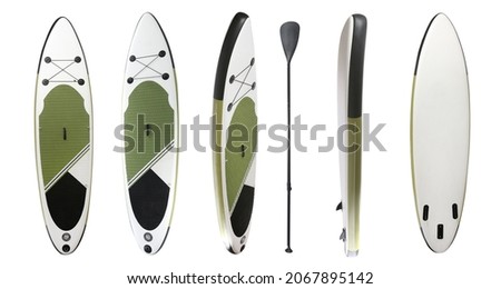 Collage of sup board with paddle on white background