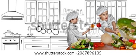 Children in chef costumes prepare food in the kitchen. The photo is combined with the illustration. Cook on the background of the finished interior of the kitchen.