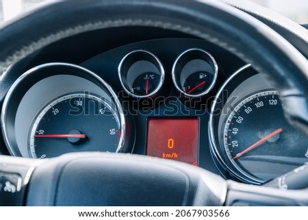 Speed background. Car dashboard panel with speedometer, tachometer. Fast vehicle, no limit concept