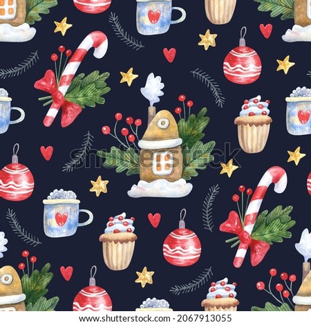 Seamless pattern with Christmas decorations and sweets on dark background. Hand painted watercolor illustration. Great for fabrics, wrapping paper, greeting cards.