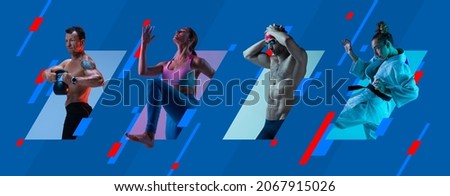 Judo, running, swimming and powerlifting. Multiethnic people, professional athletes in action isolated on bright geometric background. Concept of team sport, competition, motion, ad, show. Poster Royalty-Free Stock Photo #2067915026