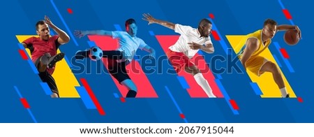 Multiethnic men, professional basketball and football players in action isolated on bright colorful geometric background. Concept of team sport, competition, motion, leader, ad, show. Poster, pattern Royalty-Free Stock Photo #2067915044