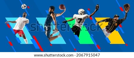 Multiethnic men, professional basketball and football players in action isolated on bright colorful geometric background. Concept of team sport, competition, motion, leader, ad, show. Poster, pattern Royalty-Free Stock Photo #2067915047