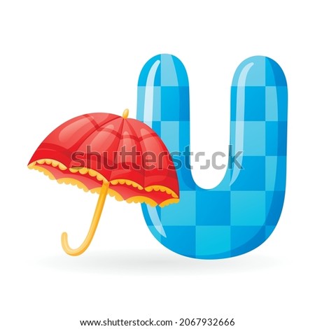 Kids banner with english alphabet letter U and cartoon image of bright opened decorated umbrella.