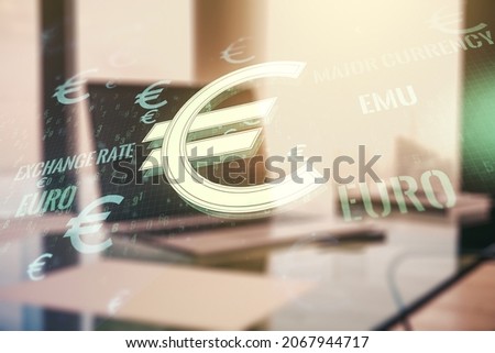 Creative concept of EURO USD symbols illustration on modern laptop background. Trading and currency concept. Multiexposure