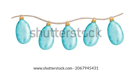 Watercolor illustration hand painted blue decorative toy in the shape of strobile on garland, fir tree balls for Christmas, New Year isolated. Clip art for design postcard, packaging paper, textile