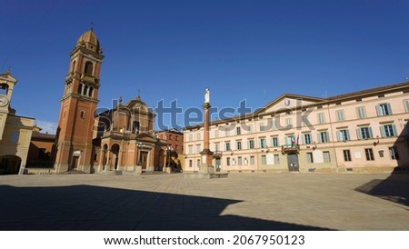 Castel San Pietro Terme, in Bologna province, Emilia-Romagna, Italy: main square of the historic city with church and town hall