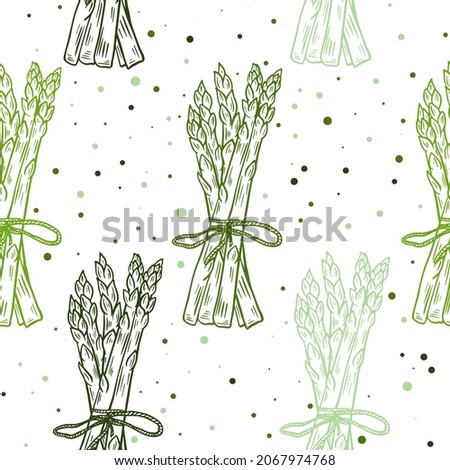 Bunches of fresh asparagus seamless pattern. Background with organic healthy food. Template with sprouts of asparagus for packaging or paper design, vector illustration. Royalty-Free Stock Photo #2067974768