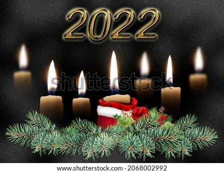 Happy New Year , numbers,burning candles, Christmas tree branch, gift, night with candlelight