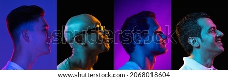 Purple and black. Composite image made of male profiles isolated on colored neon backgorund. Concept of equality, unification of all nations, ages and interests. Multiethnic models. Fashion and youth Royalty-Free Stock Photo #2068018604
