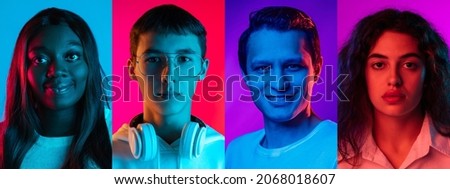 Looking at camera. Bright collage of close-up male and female portraits isolated on colored neon backgorund. Concept of equality, unification of all nations, ages and interests. Multiethnic models Royalty-Free Stock Photo #2068018607